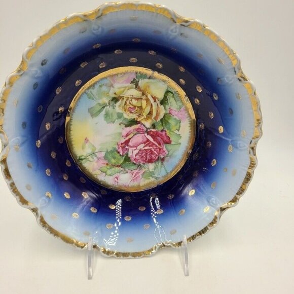 Vintage Victoria Austria Porcelain Bowl Navy Blue Gold Trim Roses Victorian - Picture 2 of 8